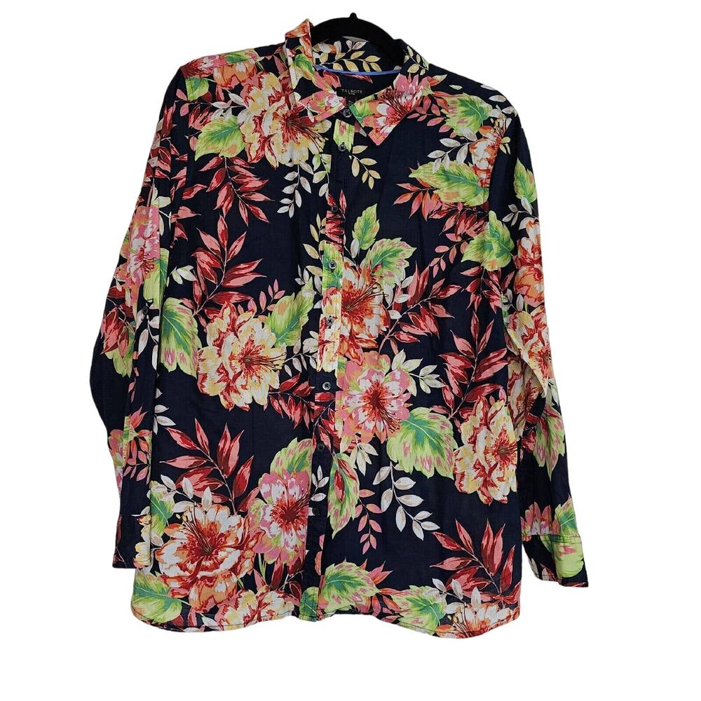 Talbots Top Womens XLp Petite Navy Blue Neon Floral Button Up Top Beach Coastal